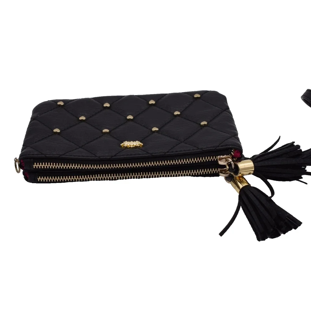 Y2K JUICY COUTURE Black Faux Leather Quilted Wristlet Clutch Gold Heart Accents